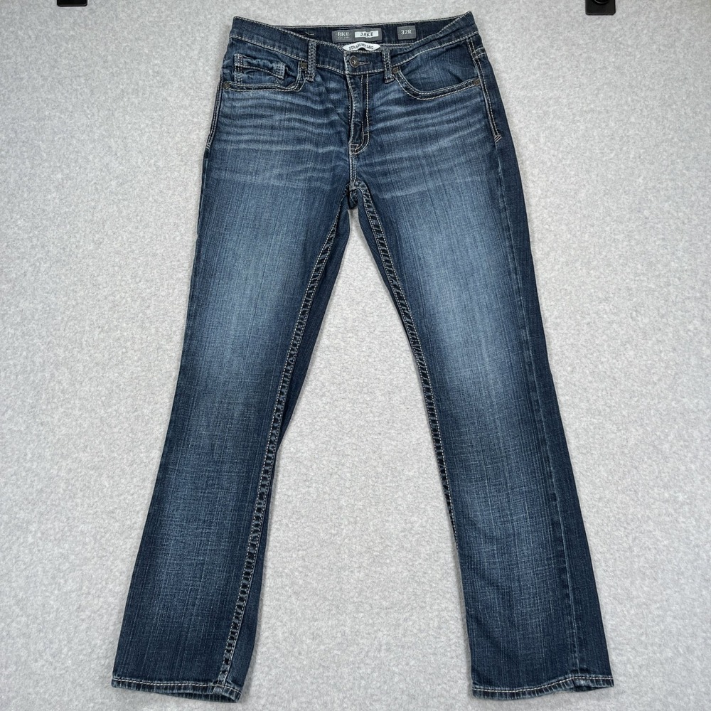 BKE Jake Straight Leg Jeans Mens 32R (32x30) Blue Dark Wash Denim Whiskered
